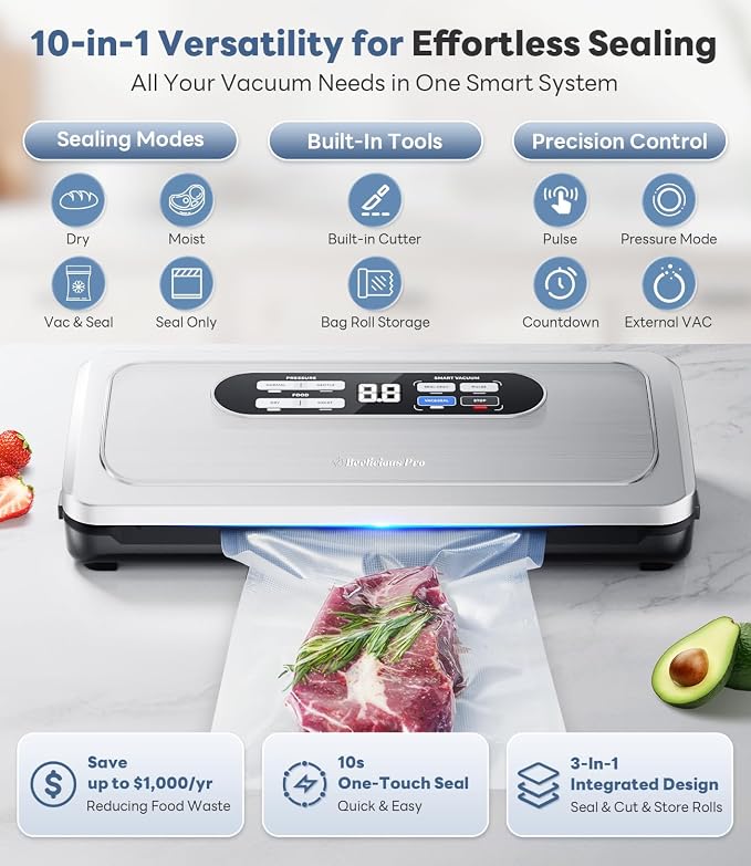 Vacuum Sealer Machine with AirLock ProSeal System, 10-in-1 Vacuum Sealer for Food, Moist/Dry Sealing Modes, Compact Design with Digital Timer, Built-in Cutter & Roll Storage, Stainless Steel