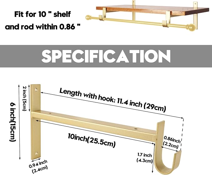 AddGrace Closet Rod Bracket Heavy Duty Shelf Brackets Gold 10 Inch 4 Pack | Fit for Closet Wardrobe Laundry Room and Kitchen, with Hook, Store Above and Hang Below, Supports 66 lbs, Easy to Install