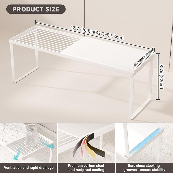 Magheo Expandable Kitchen Countertop Organizer, 2 Pack Stackable Cabinet Shelf Risers, Metal Spice Rack Heavy Duty Counter Organizer Storage for Kitchen, Pantry, Cupboard, Rv (8.7in Height,White)