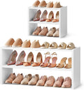 Hoctieon 2-Tier Expandable Shoe Shelf, Adjustable Shoe Shelf Storage Organizer, Stackable Iron Wood Combination Free Standing Shoe Rack for Entryway, Closet, Doorway, White