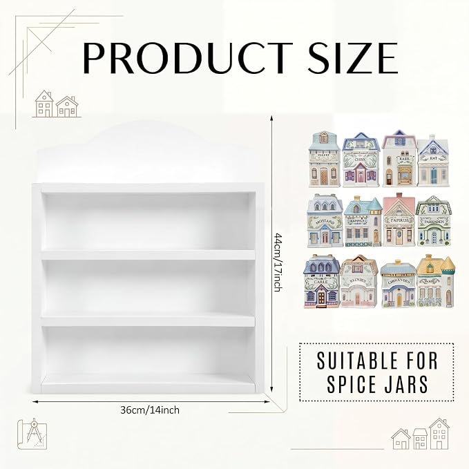 Chunful Vintage Spice Jar Wooden Rack White Scalloped Top Spice Shelf for 24 Jars, Village Style Wall Mounting Kitchen Storage Decorative Hanging Display Rack, Shelf Only(17 x 14.5 Inches)