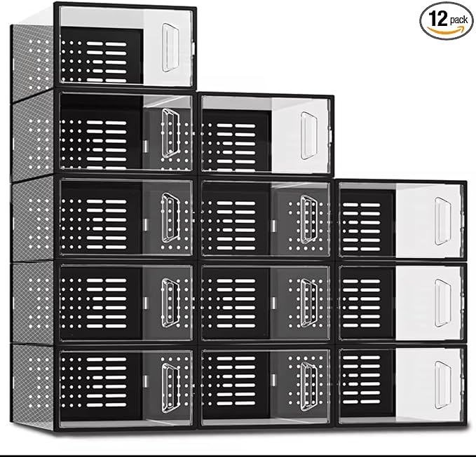 Stackable Shoe Storage Boxes, Clear Front Drop Door, Foldable Plastic Organizer with Ventilation, 12 Pack