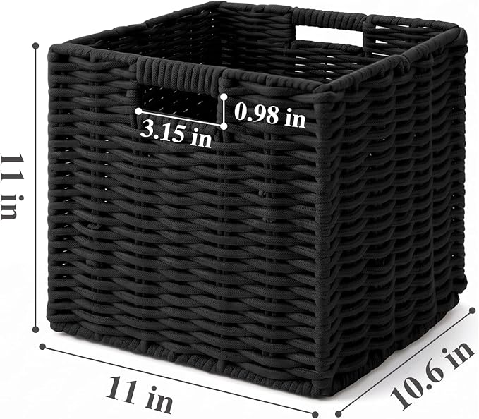 Cotton Rope Cube Storage Basket, 11 Inch Foldable Cubby Organizer Bins with Handles, Handwoven Square Basket for Organizing, Cube Closet Storage Bins for Shelves, Home Decor (Black)