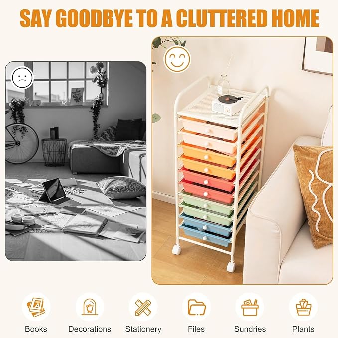 LDAILY 10-Drawer Rolling Storage Cart, Rolling Storage Cart, Storage Organizer on Wheels, Metal Frame, Scrapbook Paper Tools, Suitable for Office School, Classroom (Macaron, 10 Drawer)