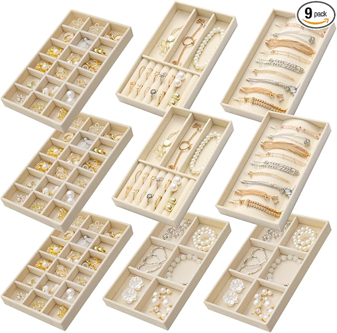 SPAKOWN Jewelry Trays Organizer for Drawer, 9 Set of Small Jewelry Display Case Storage Velvet Stackable Drawer Inserts Organizer for Necklaces Bracelets Earrings Rings (Beige)