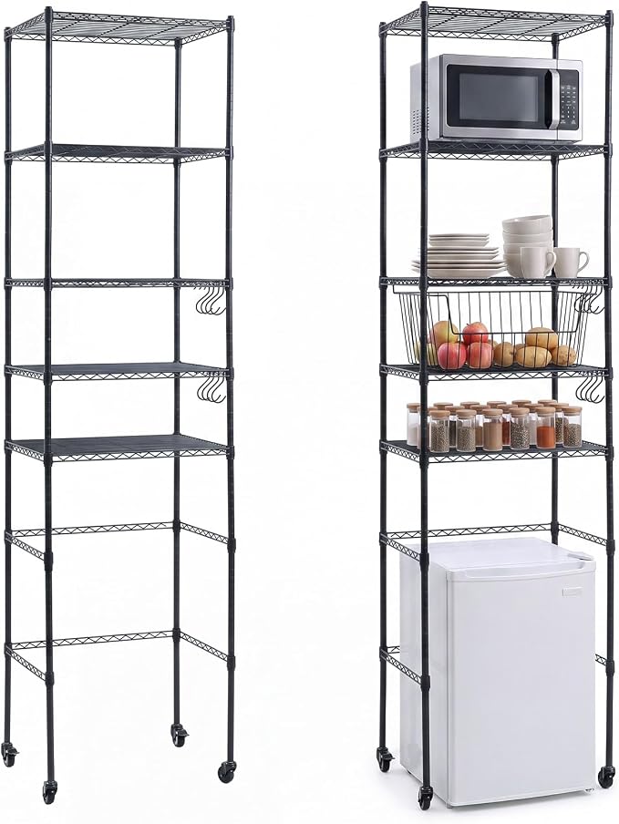 5tier over Fridge Shelf for Dorm with Wheels 90.5 Tall Fridge Shelf Black | Adjustable Height Storage Shelf Metal Rack Hooks PP Shelf Liners Anti Tip Kits for Dorm Kitchen Laundry College Pantry