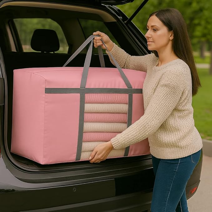 CIVJET 6 Pack Extra Large Moving Bags 90L with Clear Window, Heavy Duty Storage Totes with Zippers & Handles, College Packing Bags for Clothes, Boxes, Camping & Moving Supplies, Pink