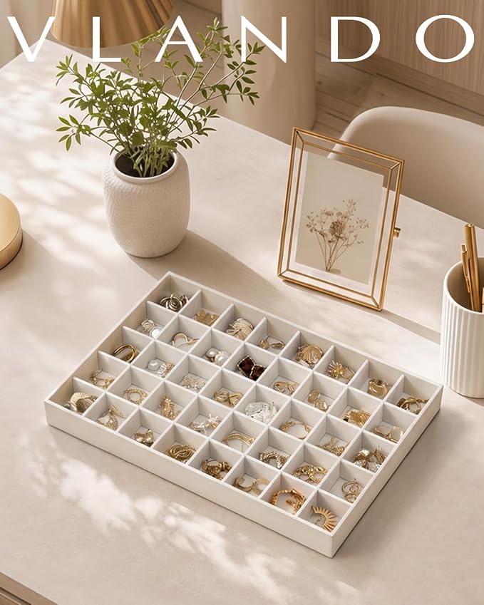 VLANDO Stackable Jewelry Tray, 40-Grid, Soft Velvet, Removable Dividers | Individual Compartments, Drawer Organizer, Easy Sorting for Studs, Charms, Pins, Gift for Women Girl