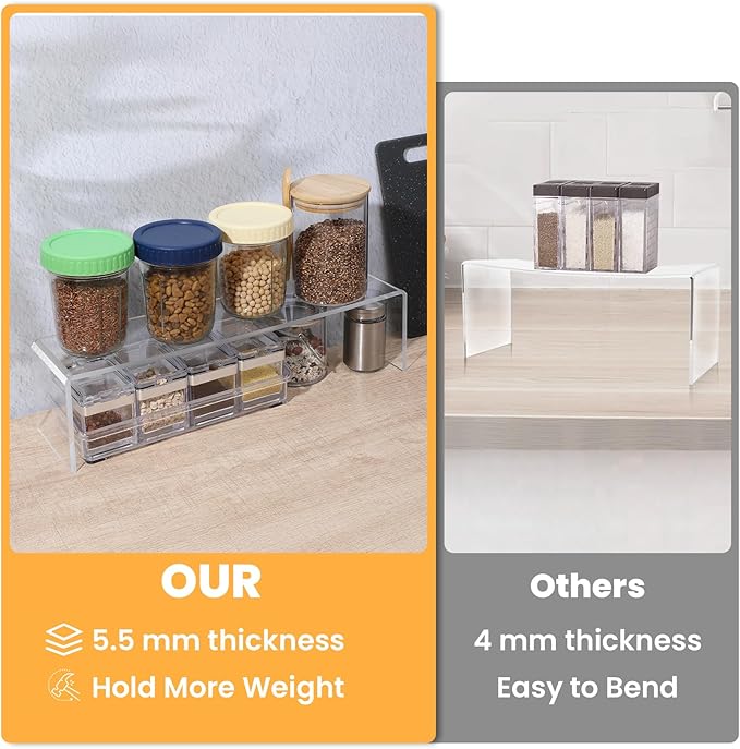 4 Pack Acrylic Risers Display Stands, Acrylic Shelf Riser Display Risers, Spice Rack for Dishes, Spices, Soda Cans and Bottles（12.4 x 4 x 4.6 inch）