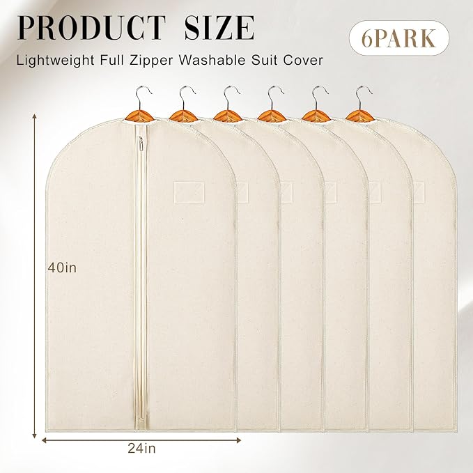 6 Pack Cotton Garment Bags 40" Garment Storage Bags for Hanging Clothes | Beige Travel Breathable Washable Suit Covers with ID Card Holder for Coats Jackets Shirts Short Dresses Closet Storage
