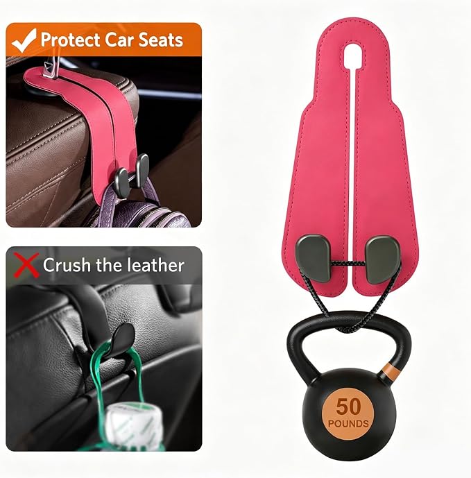 CoBak Purse Hook for Car - Universal Premium Stitched Leather and Aluminum-Magnesium Alloy Double Car Seat Back Storage Hook for Purses, Handbags, Bags (2 Pack),Raspberry