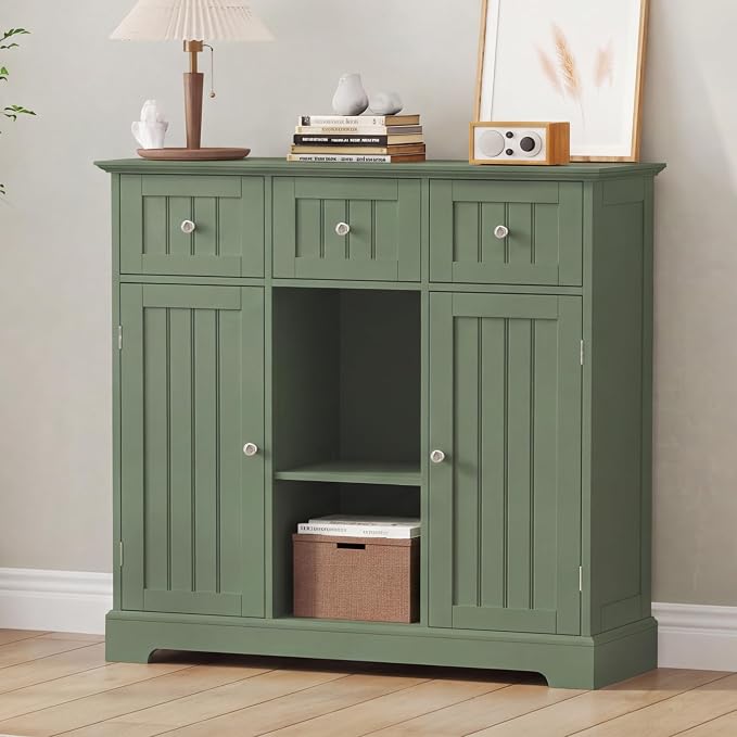 ChooChoo 35.4" Coffee Bar Cabinet with 3 Drawers and 2 Doors, Green | Buffet Cabinet with Adjustable Shelves, Storage Cabinet for Compact Kitchens, Dining rooms and Living rooms