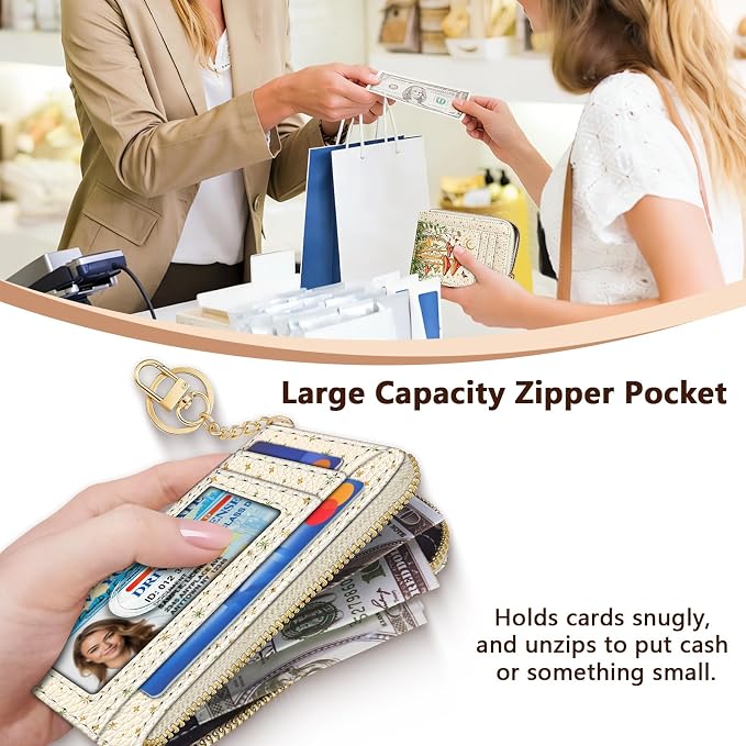 GIANCOMICS Slim Wallet Credit Card Holder Women, White Rfid Blocking Small Card Case, Keychain Thin Pocket Curved Zipper Wallet, Mushroom Travel Card Holder PU Leather ID Window, Ladies Female Gifts