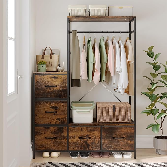 Clothing Rack with Fabric Drawers & LED Lights, 39.4W*57H Dresser with Hanging Rack, Free Standing Wardrobe Closet with Shelves, Closet Organizer with Drawers for Bedroom, Small Space, Apartment