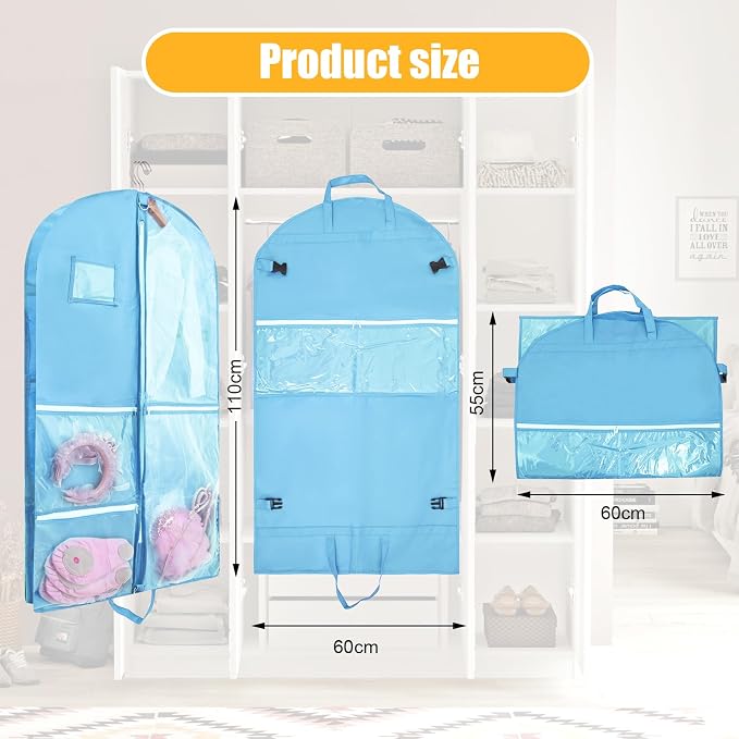 Clear Dance Costume Garment Bag for Dancers,40 inch Kids Garment Bag for Dance Competitions with 5 Clear Zipper Pockets for Dance Costumes,Garment Bags for Hanging Clothes Travel Storage (Blue)