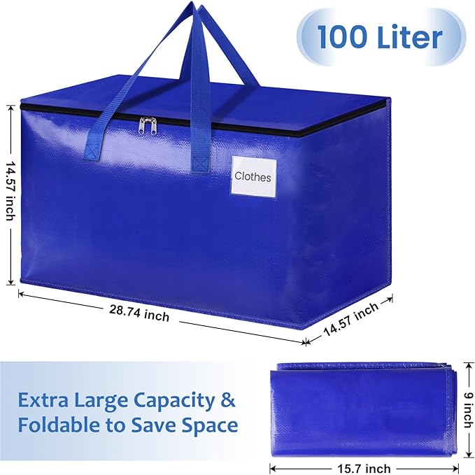 Moving Bags, Storage Bags with Sturdy Handles and Heavy Duty Zippers, Storage Totes for Space Saving, Moving & Storage, Collapsible Moving Supplies(100L, 10-Pack, Blue)