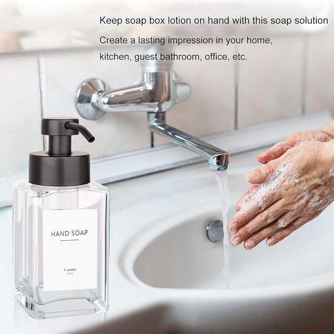 Foaming Soap Dispenser with Stainless Steel Pump, 12oz Refillable Glass Liquid Dish Soap Bottles for Bathroom, Kitchen Sink, Home Decor