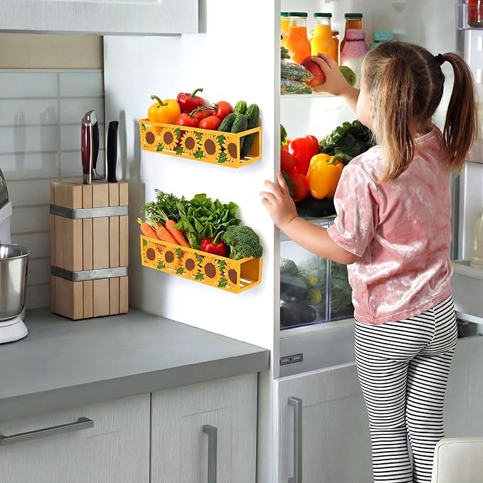 Beeveer 2 Pack Magnetic Spice Rack for Refrigerator Metal Magnet Basket Shelf for Fridge Seasoning Storage Organizers Home Decor Kitchen Accessories (Sunflower)