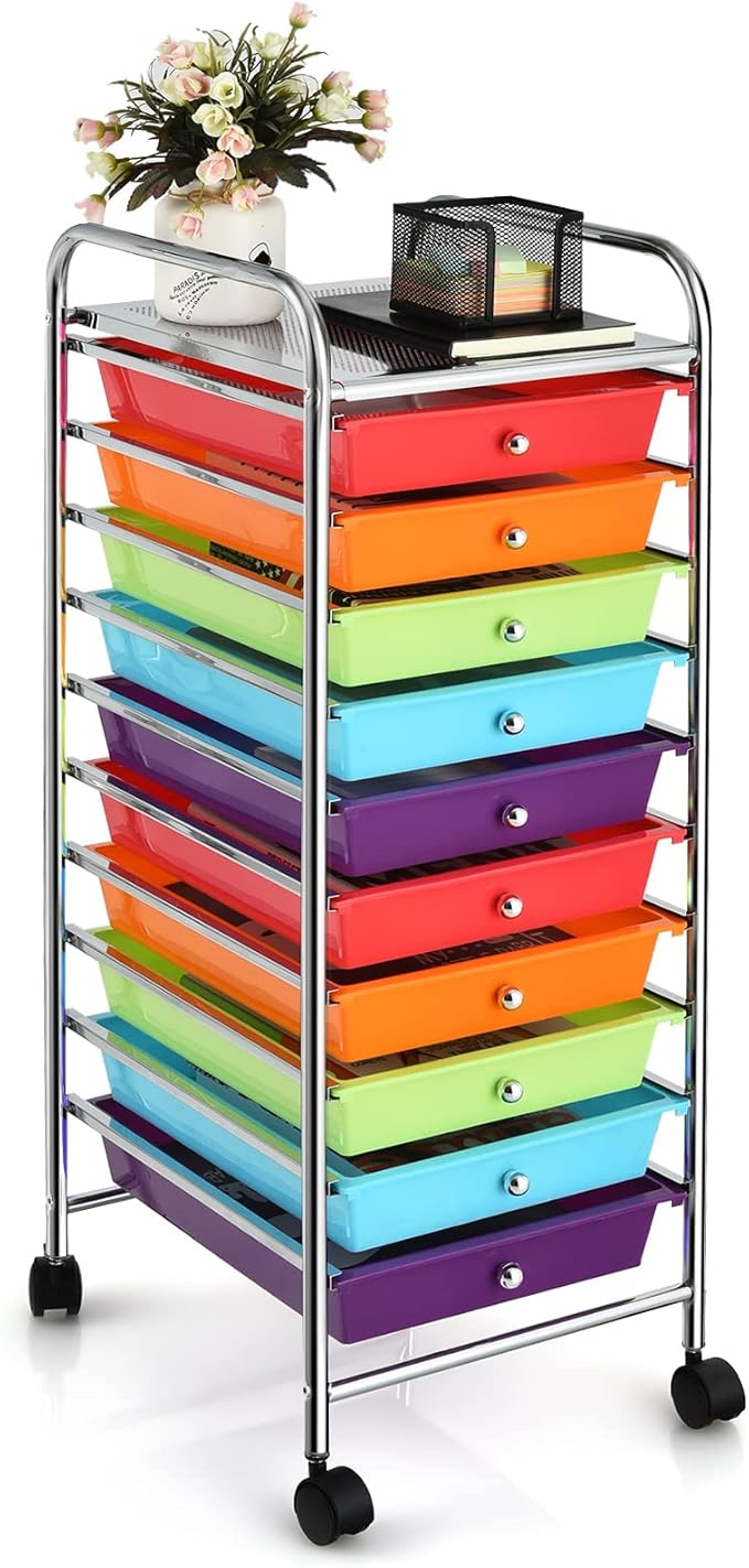 COSTWAY 10-Drawer Rolling Storage Cart, Utility Mobile Trolley | Removable Drawers & Universal Casters & 2 Brakes, Versatile Flexible Drawer Organizer Cart for Home, Office (Multi-Color)