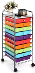COSTWAY 10-Drawer Rolling Storage Cart, Utility Mobile Trolley | Removable Drawers & Universal Casters & 2 Brakes, Versatile Flexible Drawer Organizer Cart for Home, Office (Multi-Color)
