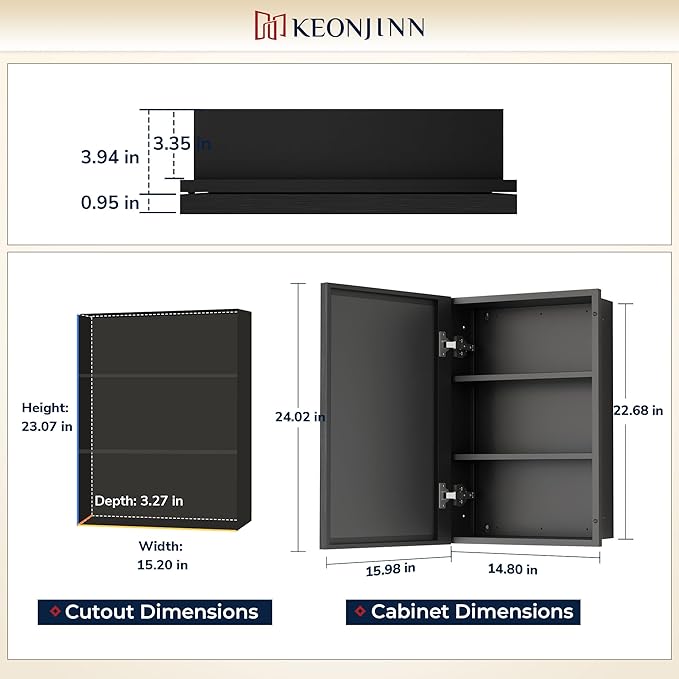 Keonjinn 16" x 24" Black Medicine Cabinets for Bathroom with Mirror Recessed or Surface Wall-Mounted Aluminum Alloy Framed Beveled Mirror, Single Door Metal Bathroom Vanity Mirror with Storage Cabinet