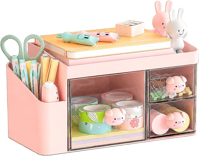 SAYEEC Desk Organizer with 3 Drawers Multi-Functional Makeup Organizer with 5 Compartments Plastic Pencil Pen Holder Desktop Storage Box Desk Accessories Caddy for Vanity Office Home Art Supplies Pink