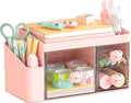 SAYEEC Desk Organizer with 3 Drawers Multi-Functional Makeup Organizer with 5 Compartments Plastic Pencil Pen Holder Desktop Storage Box Desk Accessories Caddy for Vanity Office Home Art Supplies Pink