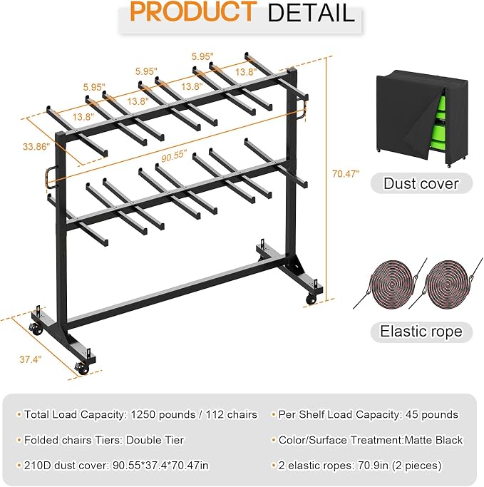 Specraft Folding Chair Rack, Holds 12 Tables or 112 Chairs, 1250 lbs Capacity, Heavy-Duty Cart with Wheels, Elastic Cords, Cover, Glossy Black