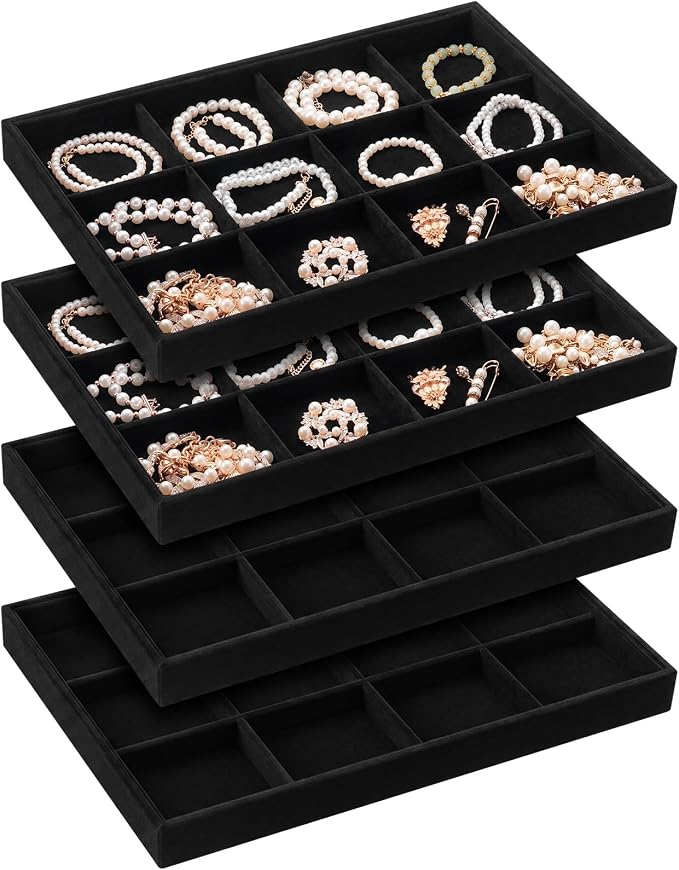 Cinnvoice 4 Pcs Stackable Jewelry Organizer Tray, 12 Grids Velvet Bracelet Ring Necklace Tray, Jewelry Organizer Trays for Drawer Display Selling Bangle Necklace Earring Showcase Storage(Black)