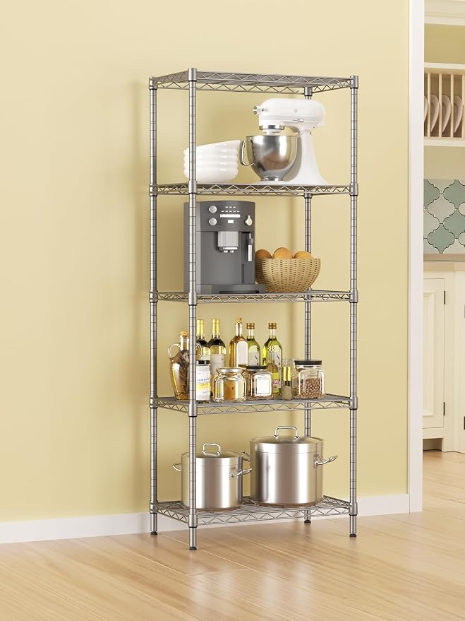 SINGAYE 5 Metal Shelves Wire Shelving Storage Shelf Adjustable Unit Pantry | 5 Tier Kitchen Laundry Room Organization Home Pantry Closet Bathroom Organizers Garage Rack 12" D x 22" W x 59" H Gray