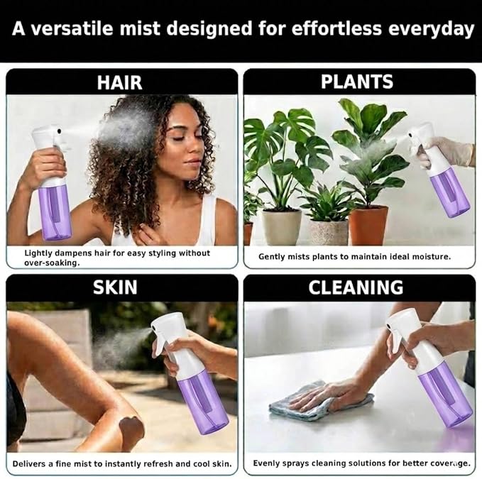 VIGOR PATH Continuous Mist Purple Spray Bottle 200ml Fine Mist for Hair | Aerosol Free Reduces Hand Fatigue Salon Refillable Lightweight Cleaning