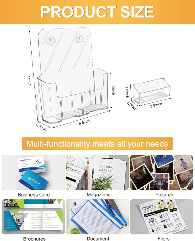 Acrylic Brochure Holder 8.5 x 11, 6 Pack Clear Brochure and Business Rack Card Holder Stand, Wall Mount Flyer Holder for Store Office Magazine Pamphlet Literature Document Menu Journals