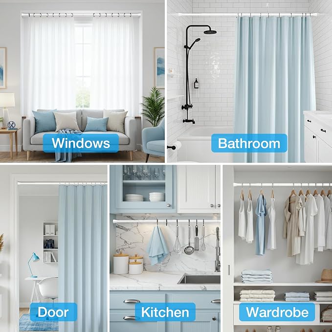MEXAU Shower Curtain Rod 44-77 inch Tension Rod White Shower rod Non Slip Tension Curtain Rod Adjustable Curtain Rods No Drilling Shower Rods for Bathroom Windows Closet 1Pack