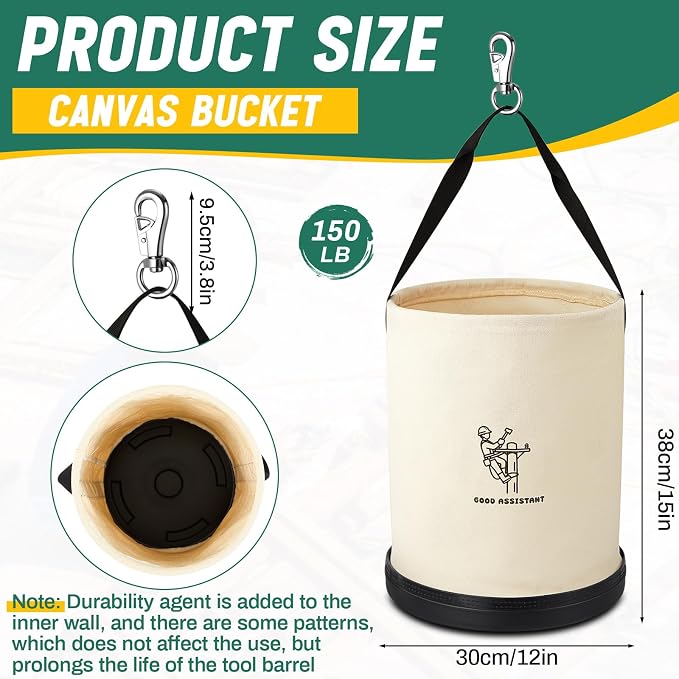 2 Pack 15" x 12" Canvas Tool Bucket Bag, Heavy Duty 150 Lbs Load Capacity, Truck Tool Organizer with Plastic Bottom Metal Hook for Linemen Electricians & Construction Workers (White)