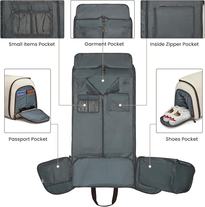 S-ZONE Garment Bag for Travel Convertible Duffle Bag Suit Bag for Men Women | 2-in-1 Hanging Suitcase, with Toiletry Bag, Wet/Dry Pockets, Shoe Compartment, Trolley Sleeve, Carry-on size, Beige