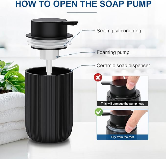 Ceramic Foaming Soap Dispenser, 12 oz Bathroom Foam Hand Soap Dispenser, Refillable Lotion Soap Dispenser with Removable Pump for Kitchen Hand Wash Dispenser, Modern Home Decor (Black)
