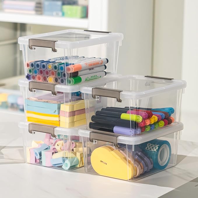 8Packs 1.3Qt Small Storage Bins with Lids,Stackable Clear | Containers with Lids for Crafts, Beads, Stationery, Toys and Accessories. Stackable to Save Space to office,home