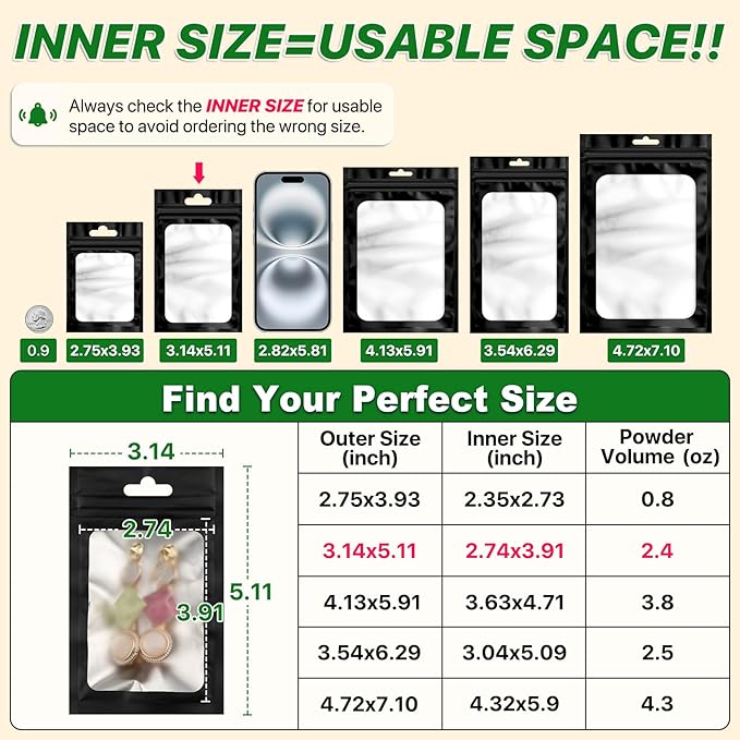 100 PCS Resealable Mylar Bags with Zipper and Frosted Clear Window Smell Proof Packaging Bag Foil Pouch Zipper Bags for Food Self Sealing Storage Supplies (Black, 3.14x5.11)
