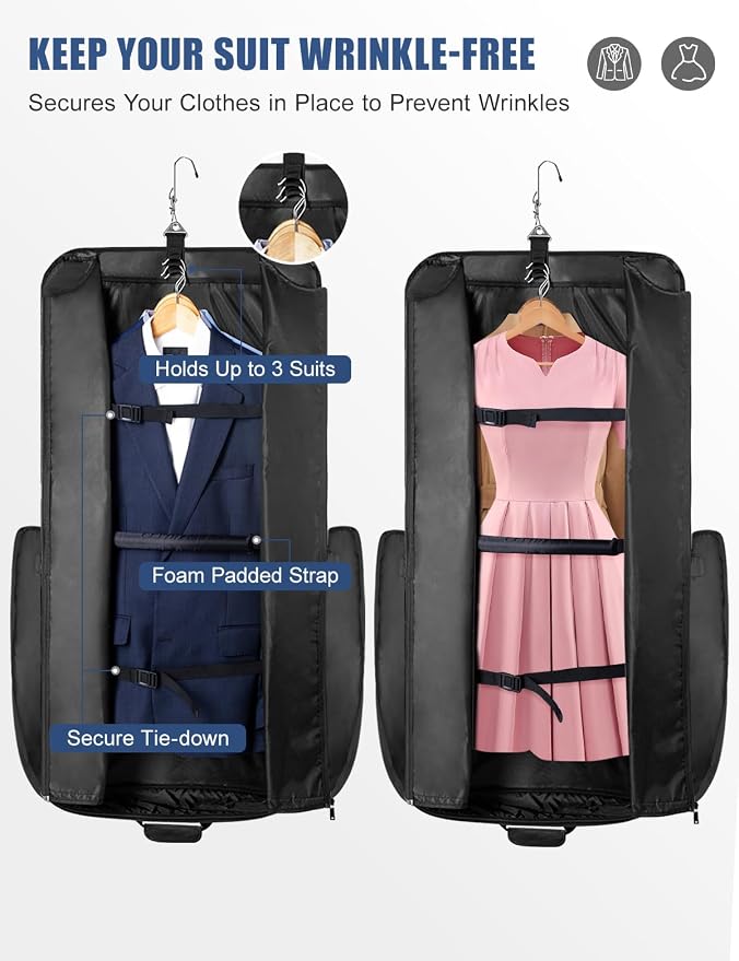 Noozion Garment Bag for Travel, Large Carry On Suit Bag for Business Up to 3 Suits, Wrinkle Free Garment Bag for Hanging Clothes with Shoulder Strap, Laptop Compartment, and Wet-Dry Pocket