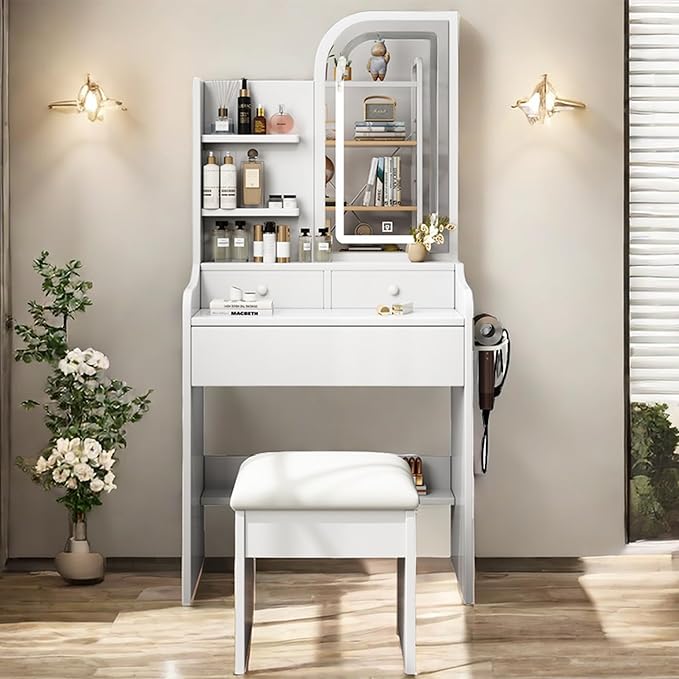 Makeup Vanity Desk with Lights,Small Vanity with Adjustable Brightness Mirror for Samll Spaces,Makeup Vanity with 3 Drawers,Storage Shelf,Bedroom Dressing Table