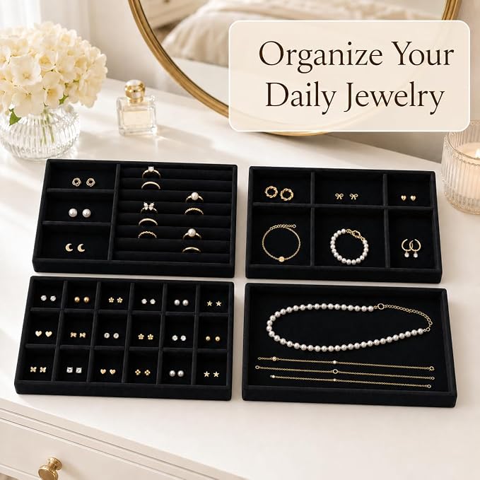4 Pack Stackable Jewelry Organizer Tray Set - Velvet Display Case | for Rings Earrings Necklaces, for Drawer Organization, Can Stacked