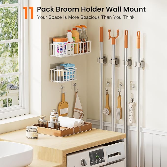 11 Pack Broom Holder Wall Mount Self Adhesive,Broom and Mop Organizer Wall Hanging with Cleaning Supplies Organizer and Utility Hooks Grippers,Broom Hanger Storage Rack for Closet Cabinet Laundry Room