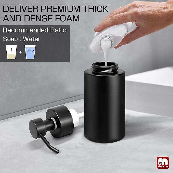 GMISUN Foaming Soap Dispenser, 10 Fl oz/300 ml Matte Black Glass Foaming Hand Soap Dispenser, 2Pcs Hand Soap Dispensers for Bathroom & Kitchen, Refillable Foam Soap Pump Bottle with Waterproof Labels
