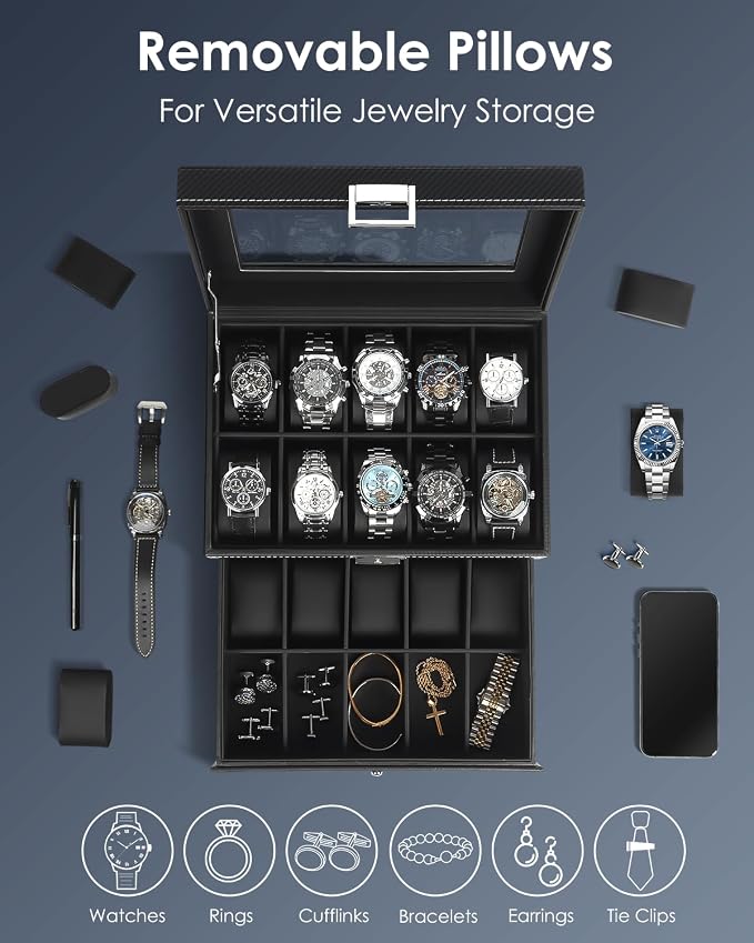 Kukikan Watch Case, 20-Slot 2-Layer Watch Box with Large Glass Lid, Watch Storage Organizer with Removable Watch Pillows, Men's Jewelry Box with Lock, Watch Holder Display Case, Fathers Day Gift