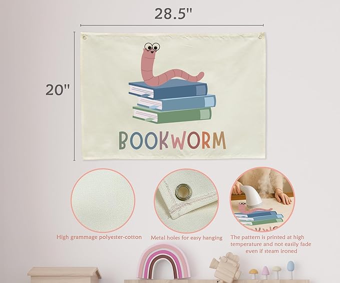 Classroom Wall Flag Decor-Teacher Gift-Inspirational Back to School Wall Banner Decor-Bookworm-Hanging Rectangular Canvas Banner for Classroom Teacher Office Reading Corner-28.5x20 Inches