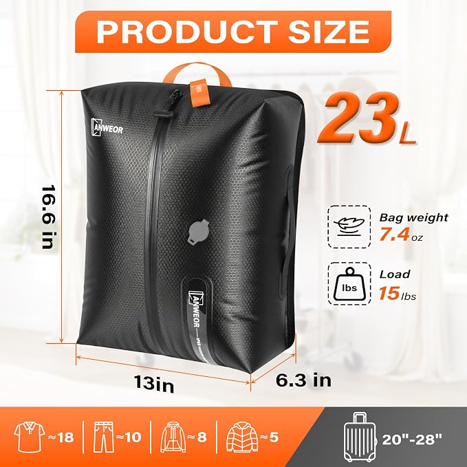 2 Pack Bag with Vacuum Travel for Suitcase, 23L Overpack Vacuum Bags w/Pump | IP68 Waterproof Compression Bags For Carry On Luggage&Backpacks, Reusable Nylon Vacuum Seal Bags For Clothing Travel Kit