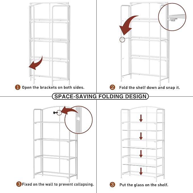 Crofy 4-Tier Wider Foldable Bookshelf, White Frame & Transparent Shelves | No-Assembly Collapsible Portable Storage Organizer; Sturdy Transparent Shelves; Ideal for Living Room & Home Office