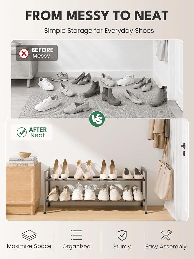 Bumusty 2 Tier Expandable Shoe Rack for Closet, 18“-33” Adjustable Shoe Rack for Small Space, Small Shoe Organizer for Front Door, Sturdy Metal, Light Grey