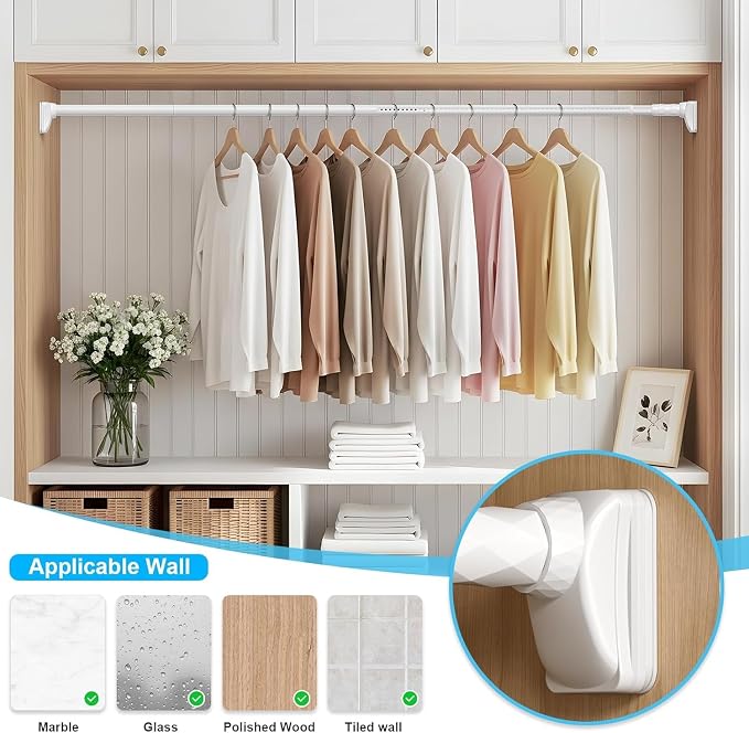 Closet Rods For Hanging Clothes,41-87 In Extra Long Tension Rod For Closet,Adjustable Rod Without Drilling 33lb Heavy Duty Closet Rods Diameter 1.26in-One-Bond Stretching,White