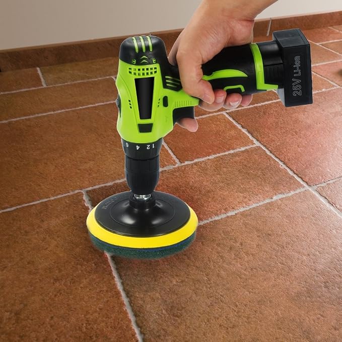 Kichwit 5 Inch Drill Powered Brush Tile Scrubber Scouring Pads | 2 Different Stiffness, 5" Pad Holder with 6 Scrubbing Pads, Cleans Large Flat Areas Perfectly (Drill NOT Included)